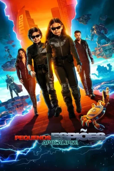 Dois jovens espiões de óculos escuros e dois adultos em um cenário futurista com raios e naves. Um robô escorpião no chão. Ação e aventura.