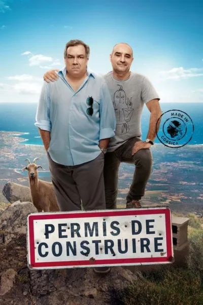 Dois homens, um carrancudo e outro sorridente, em paisagem costeira com cabra. Placa Permissão de Construção. Clima de comédia.