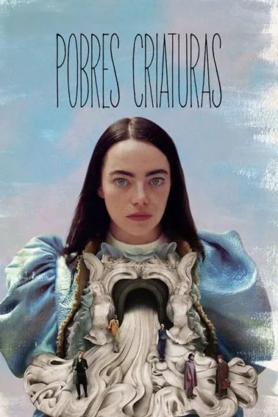 Mulher de olhos azuis e vestido azul brilhante. No peito, estrutura rococó com túnel e figuras minúsculas. Fundo de céu, clima surreal.