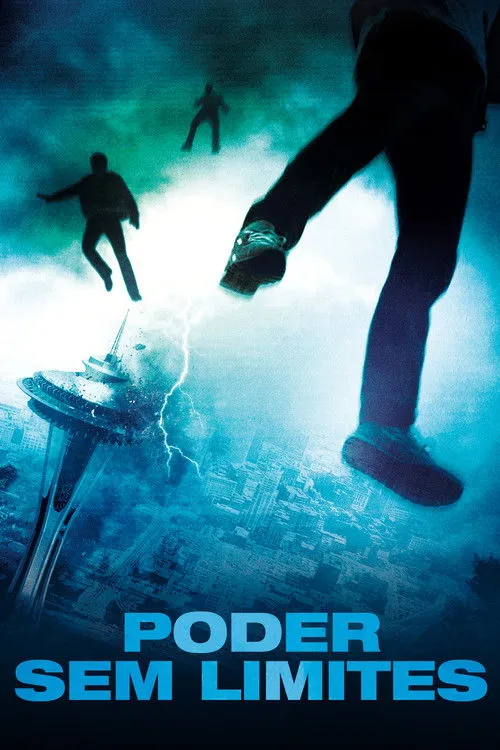 Poder Sem Limites 1 Silhuetas humanas flutuam sobre uma cidade azul,com relâmpagos atingindo uma torre. Clima de superpoderes e destruição.