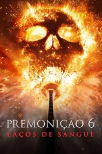 Pôster sombrio. Um crânio flamejante emerge acima de uma torre que explode. Ambiente caótico e destrutivo.