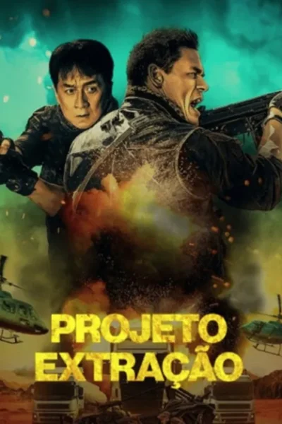 Dois homens em ação: um de costas atira, outro por trás observa. Explosões, helicópteros e veículos num cenário árido. Ação intensa.