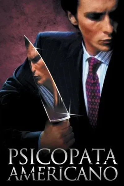 Homem em terno, rosto parcialmente sombrio. Segura uma faca que reflete um semblante intenso e perturbador do próprio.