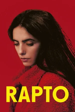 Close-up de mulher com longos cabelos escuros e casaco vermelho texturizado. Ela olha para baixo com expressão séria, em fundo vermelho.