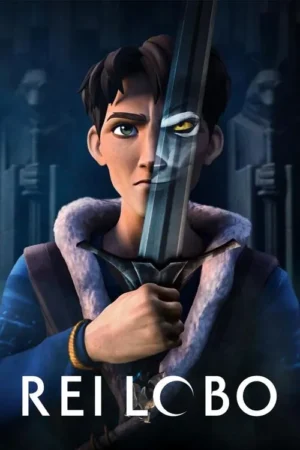 Jovem animado com espada à frente do rosto, refletindo um olho amarelo. Fundo de castelo escuro com estátuas. Clima sombrio e misterioso.