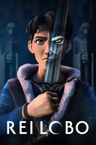 Jovem animado com espada à frente do rosto, refletindo um olho amarelo. Fundo de castelo escuro com estátuas. Clima sombrio e misterioso.