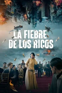 Cidade invertida desaba com helicópteros e dinheiro em chamas. Abaixo, pessoas formais e uma mulher de vestido dourado ao telefone, em caos.