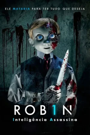 Pôster de horror: um boneco robótico de menino com metade do rosto sangrento e olhos azuis, segurando uma faca ensanguentada contra um fundo sombrio.