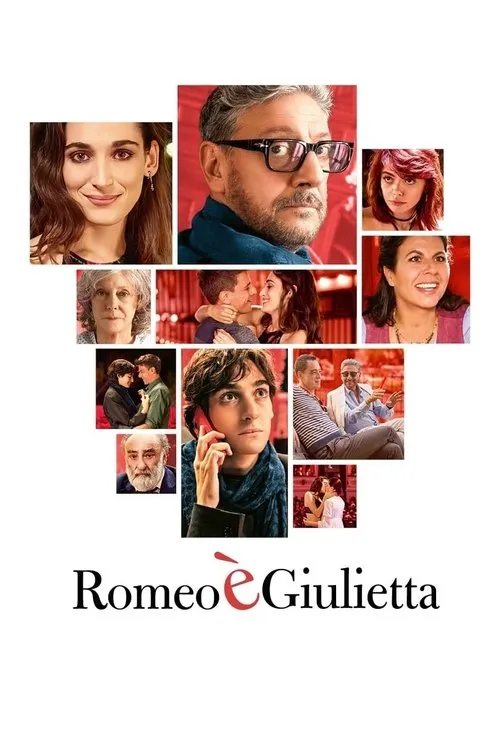 Romeo Is Juliet 1 Pôster:colagem de closes e cenas de romance/drama com personagens de várias idades,predominam tons quentes e vermelhos.