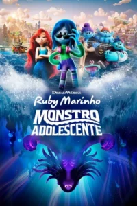 Pôster:Adolescente monstro azul e amigos na superfície com cidade. Abaixo,monstro marinho roxo emerge das profundezas.