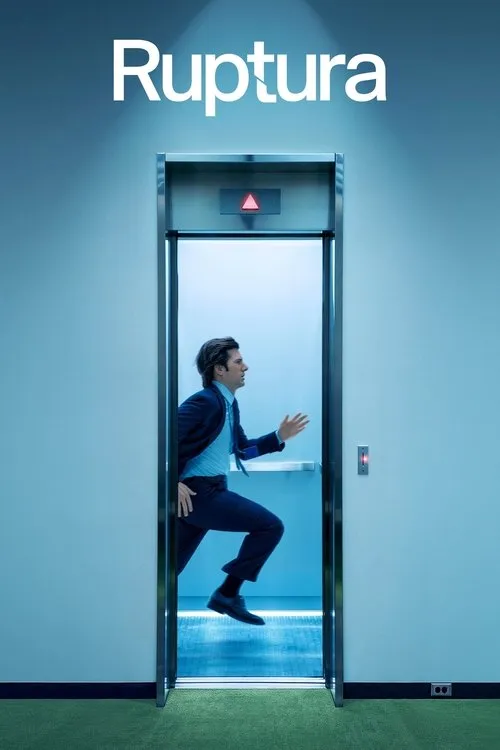 Ruptura 1 Homem de terno corre para um elevador aberto e iluminado. Ambiente corporativo azul-claro com chão verde.