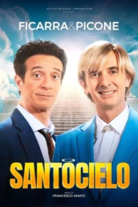 Dois homens sorridentes em ternos,um moreno e um loiro,contra uma escadaria celestial brilhante subindo para o céu. Clima alegre.