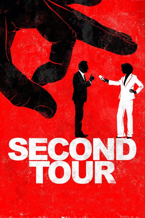 Second Tour 1 Pôster vermelho e preto. Uma mão gigante ameaça um homem de terno e uma mulher repórter com microfone. Clima de tensão política.