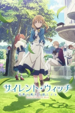 Jovem de cabelo castanho com expressão apreensiva em vestido azul no centro. Em um jardim vibrante com vários personagens elegantes, fonte e folhas caindo. Clima de fantasia.