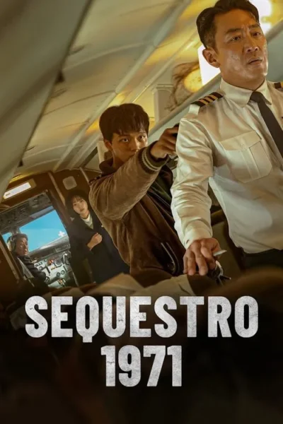 Pôster. Jovem com faca nas costas de um piloto, que parece assustado, em uma cabine de avião. Uma mulher e outro homem observam nervosos. Cena tensa.