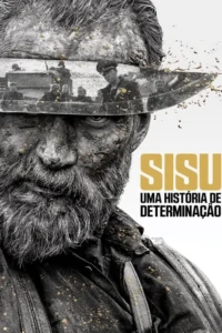 Close-up de homem barbudo e sujo,com cena de guerra (soldados,tanque,oficial) refletida numa faca sobre seus olhos. Olhar intenso,clima tenso.