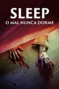 Mãos pálidas e ensanguentadas rastejam debaixo de uma cama,sobre um chão de madeira escuro. Atmosfera de horror.