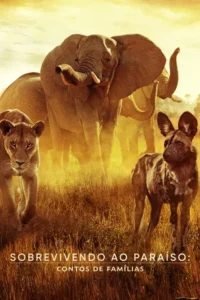 Elefantes, leoa e cão selvagem em uma savana dourada e empoeirada. Cena épica da vida selvagem africana.