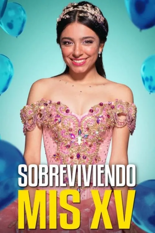 Jovem sorridente em vestido de gala rosa com brilhos e tiara,cercada por balões azuis. Clima festivo e brilhante.