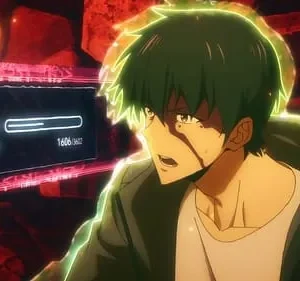 Jovem anime ferido com cabelo verde, brilhando em verde, olha para uma tela de HP. Cenário escuro e fragmentado com luzes vermelhas. Clima tenso.