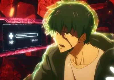 Jovem anime ferido com cabelo verde, brilhando em verde, olha para uma tela de HP. Cenário escuro e fragmentado com luzes vermelhas. Clima tenso.