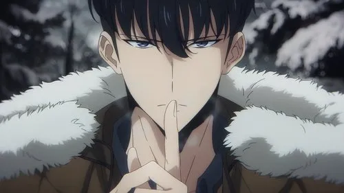 Jovem anime de cabelo preto e olhos azuis intensos,com casaco de pele,dedo no lábio,em floresta nevada e fria. Clima misterioso.