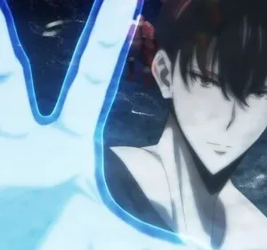 Homem de anime de cabelo escuro com mão estendida brilhando azul, expressão séria. Fundo escuro e partículas. Clima intenso e mágico.