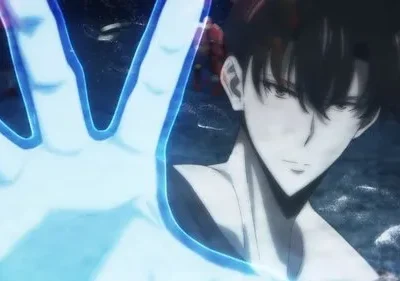 Homem de anime de cabelo escuro com mão estendida brilhando azul, expressão séria. Fundo escuro e partículas. Clima intenso e mágico.