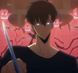 Jovem de anime com olhos azuis brilhantes, segurando uma adaga, enfrenta um exército de monstros vermelhos de olhos luminosos.