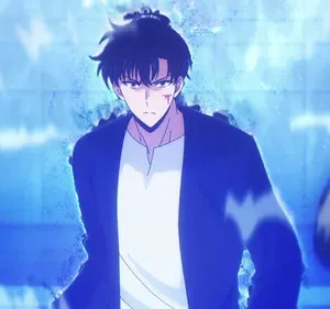 Homem anime de cabelo escuro, expressão séria com cicatriz, envolto em energia azul brilhante. Fundo escuro. Clima poderoso.