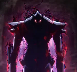 Figura sombria blindada com olhos vermelhos brilhantes exala energia púrpura, em pé numa caverna escura e ameaçadora.