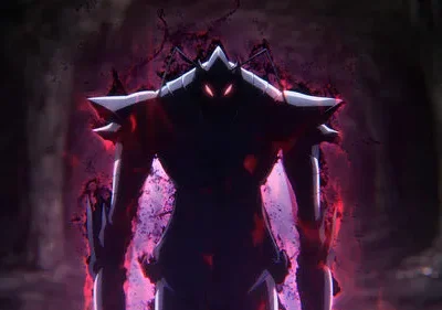 Figura sombria blindada com olhos vermelhos brilhantes exala energia púrpura, em pé numa caverna escura e ameaçadora.