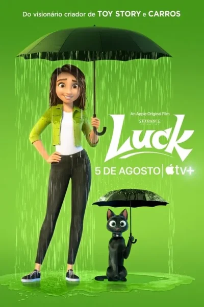 Pôster animado. Mulher sorridente e gato preto, ambos com guarda-chuvas, sob uma chuva verde em um fundo vibrante.