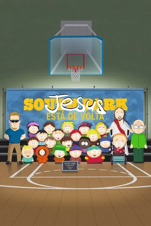 Pôster animado:diversas crianças com adultos,incluindo Jesus,em uma quadra de basquete. Um banner azul ao fundo diz Jesus Está de Volta.