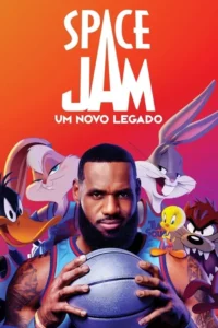 Pôster vibrante com um jogador de basquete barbudo segurando uma bola, cercado por coelhos e patos animados em uniformes esportivos.