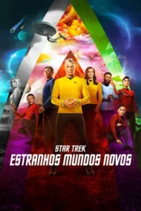 Pôster de ficção científica com tripulação diversa em uniformes coloridos. Fundo fragmentado com nave espacial,planetas e mundos estranhos.