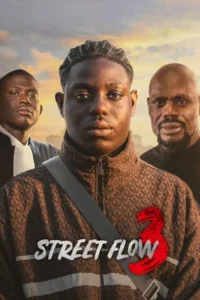 Pôster com três homens negros sérios. Um jovem ao centro,advogado à esquerda,homem barbudo à direita. Céu dramático ao pôr do sol.