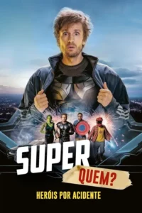 Homem surpreso revela traje de herói,enquanto 4 super-heróis desajeitados surgem com faíscas em fundo de cidade noturna. Humor.