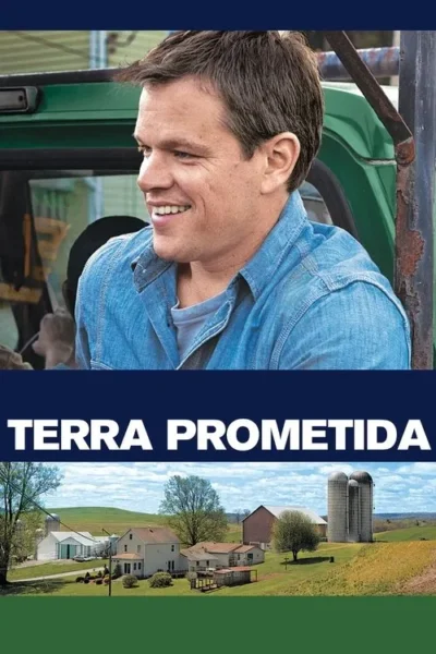 Homem sorridente em trator. Abaixo, paisagem rural com casas, celeiros e silos em colinas verdes. Clima de campo e vida simples.