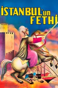 Cavaleiro com turbante e espada sobre cavalo empinado. Fortaleza e navios com canhões num céu vibrante de guerra.