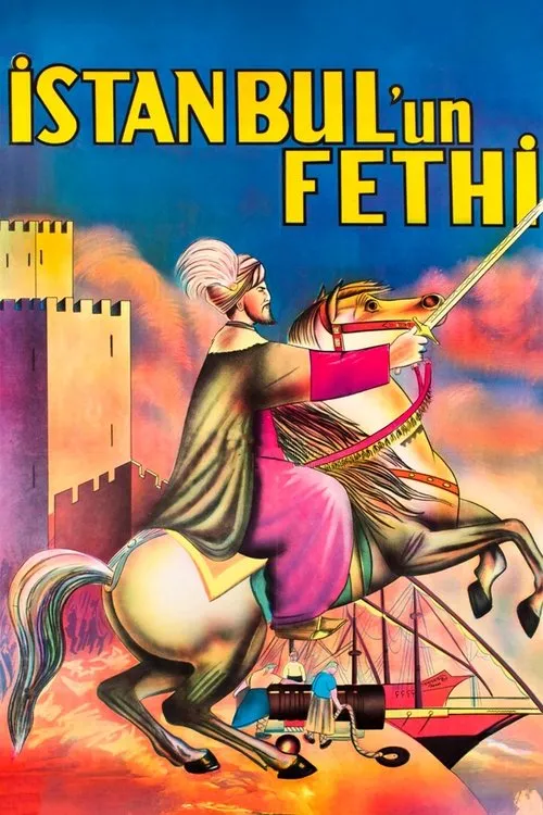 Cavaleiro com turbante e espada sobre cavalo empinado. Fortaleza e navios com canhões num céu vibrante de guerra.