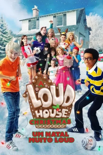 Família animada celebra o Natal na neve, com casa ao fundo. Crianças sorridentes brincam com luzes festivas. Pôster alegre e colorido.