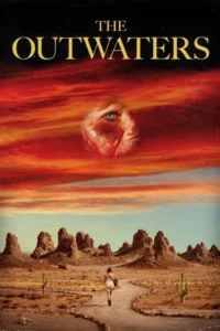 Pôster: Deserto árido com rochas e cactos. Uma pessoa corre por um caminho, sob um céu avermelhado onde um rosto distorcido com um olho azul observa.
