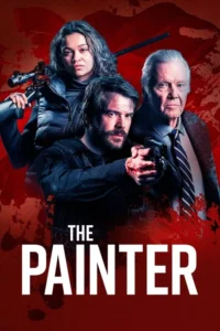 Três figuras tensas: mulher com rifle, homem barbudo com pistola ensanguentada e idoso sério. Fundo vermelho abstrato. Clima de thriller.