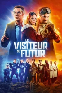 Cientista,mulher e guerreiro observam. Abaixo,grupo diverso em uniformes futuristas e pós-apocalípticos sobre ruínas. Fundo sci-fi/distópico.