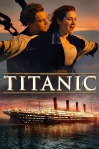 Casal romântico na proa de um navio,braços abertos,sob o pôr do sol. Abaixo,imenso transatlântico iluminado à noite.