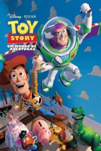 Um cowboy e um astronauta voam em destaque sobre outros brinquedos animados em um quarto azul. Clima de aventura e diversão.