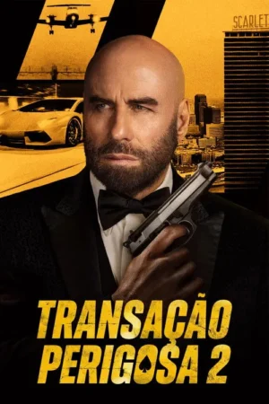 Homem calvo e barbudo de smoking segura uma arma. Ao fundo, carro de luxo, avião e cidade. Clima de ação e suspense.