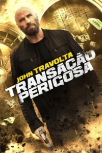 Homem barbudo careca de jaqueta escura,segurando uma pistola. Fundo de cofre de banco com notas de dinheiro caindo. Clima tenso.