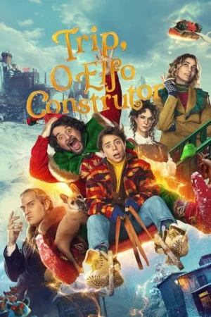 Pôster festivo: seis personagens e um cachorro em paisagem de inverno. Um elfo, um garoto assustado e outros flutuam com magia.